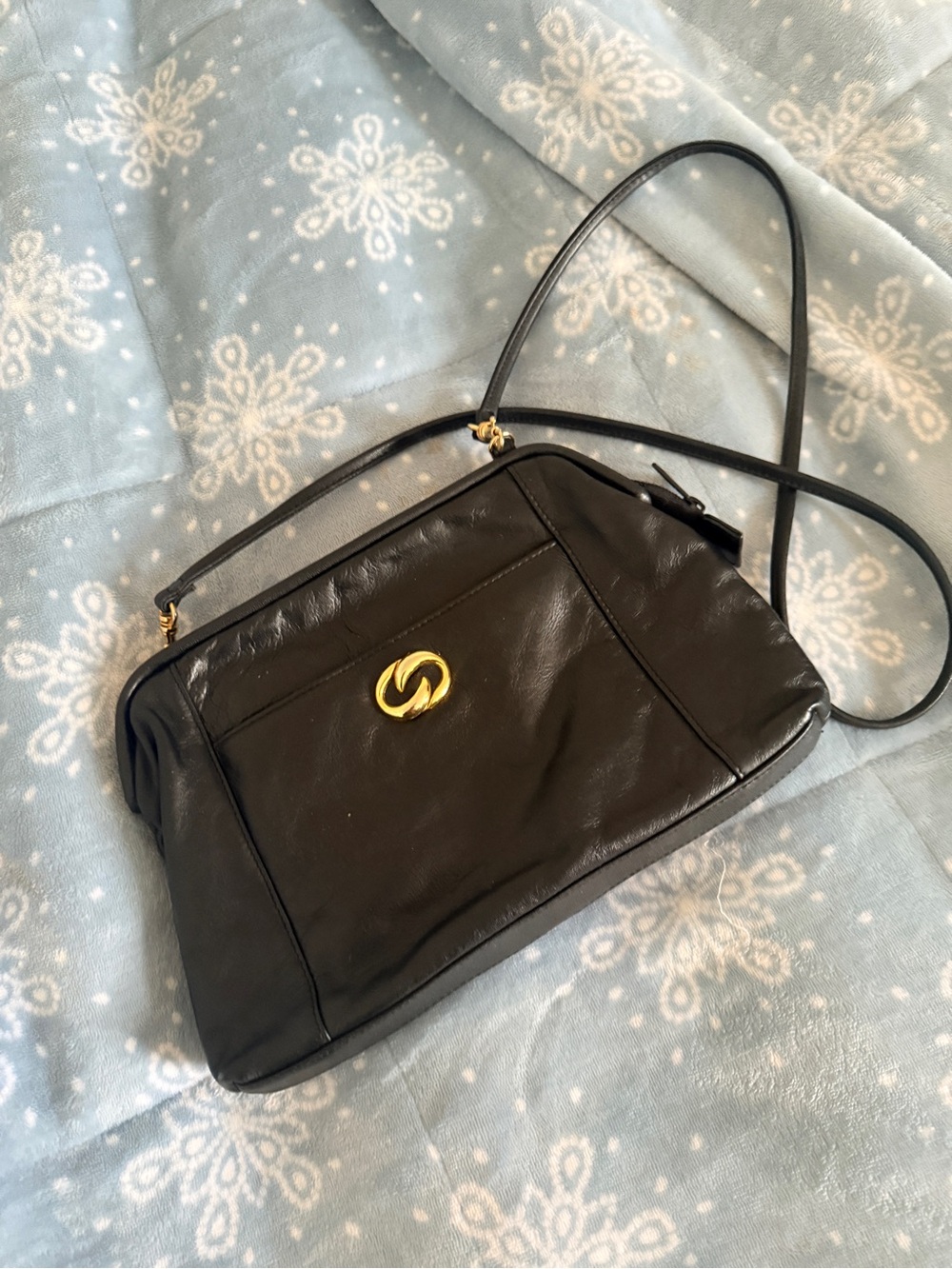Black Leather Crossbody Bag with Gold Accent